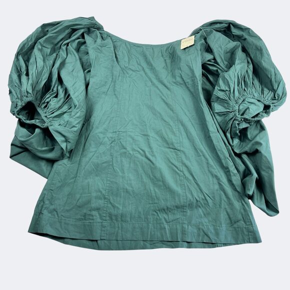 Free People NWT Statement Puff Sleeve Blouse Green Cotton Romantic Cottage Top S - Picture 1 of 12
